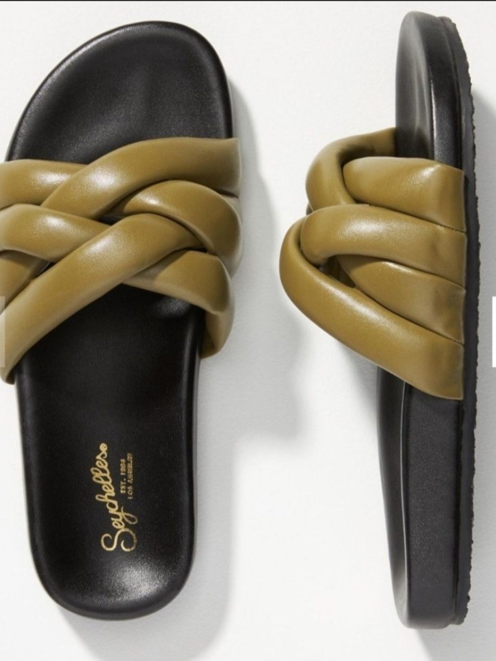 NWT Seychelles Low Key Glow Up Olive / Black Leather Braided Slide Sandals sz 7